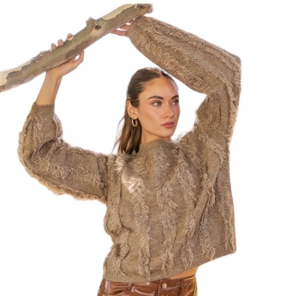 NWT Women's Taupe Fringe Balloon Sleeve Pullover Knit Sweater Size L - Picture 4 of 4
